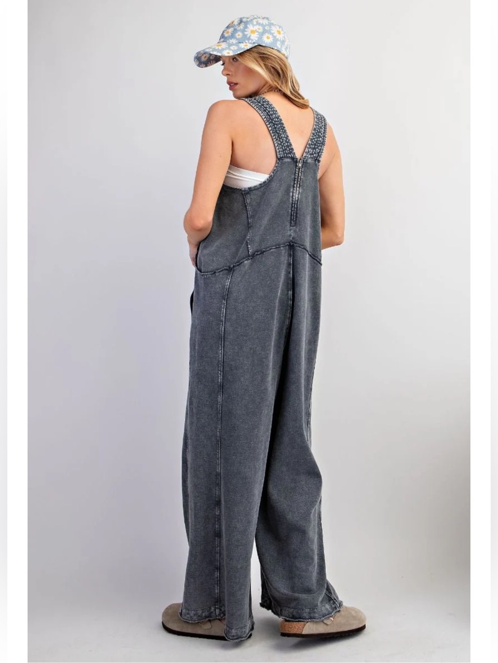 New:Easel Boho Mineral Washed Terry Knit Cotton Wide Leg Jumper Jumpsuit•Medium - Picture 4 of 4